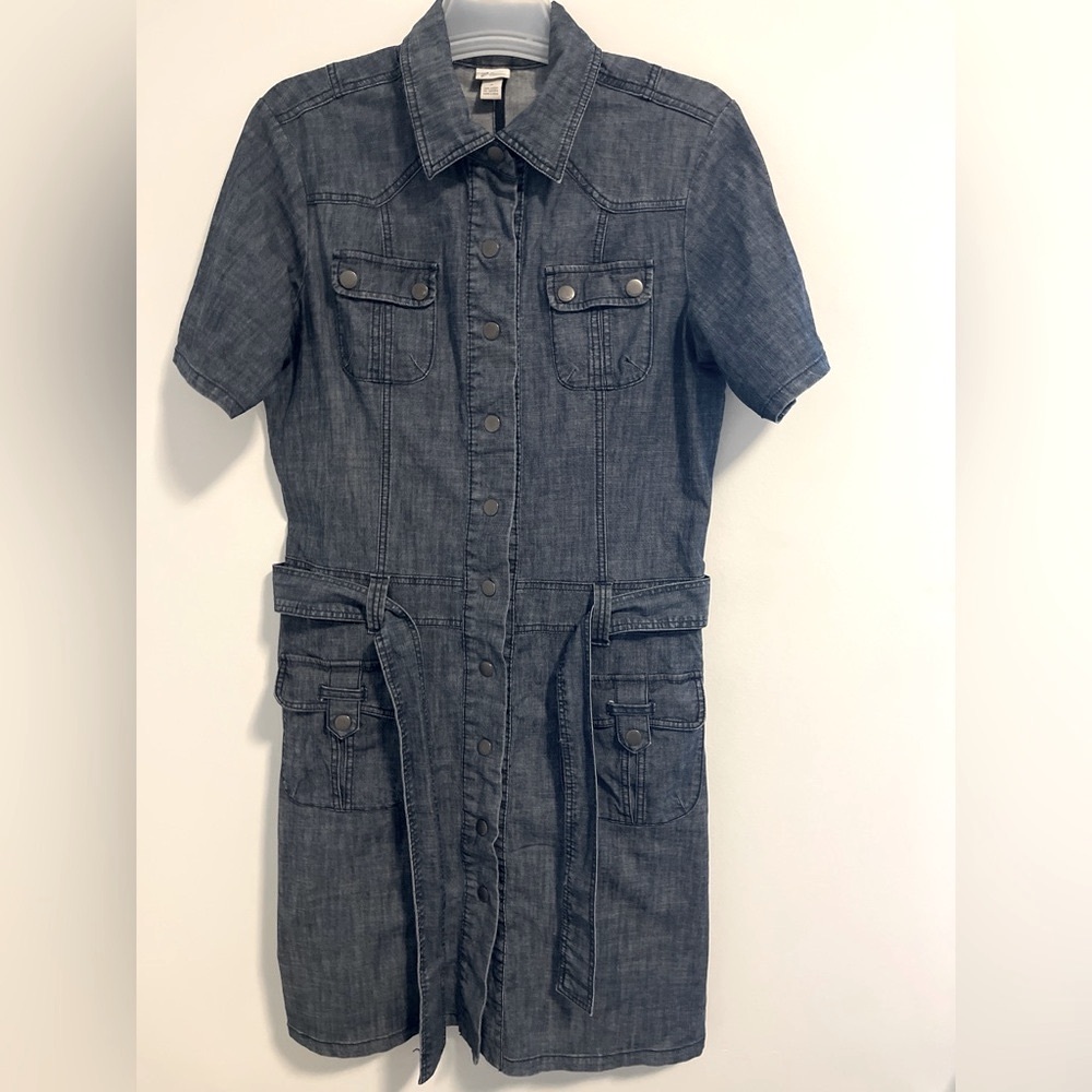 Blue Denim Notched Collar Short Sleeve Dress